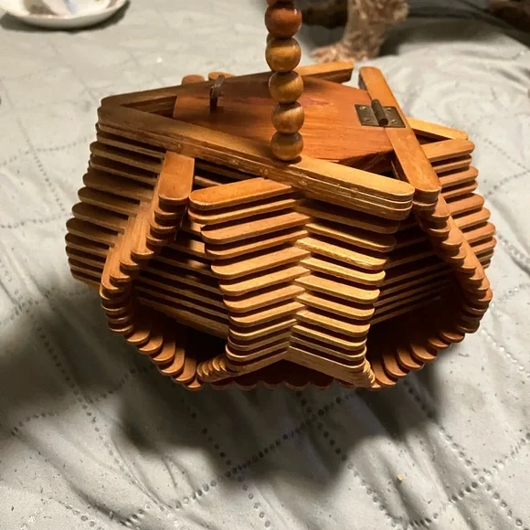 Vintage Hippy Folk Art Handmade Popsicle Stick Purse - Picture 3 of 11